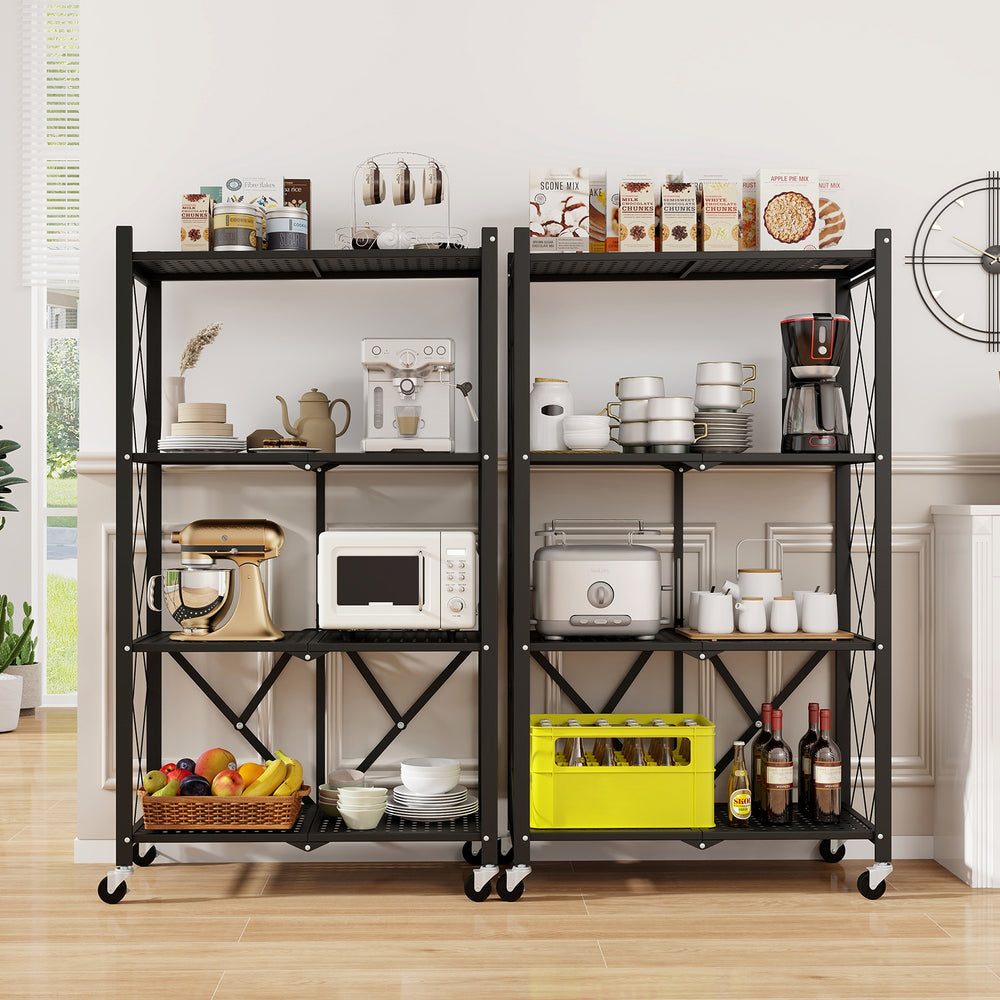 4-tier foldable storage shelf in black with lockable wheels, ideal for organizing kitchen items or tools.