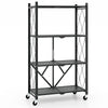 4-tier foldable storage shelf in black with lockable wheels, ideal for organizing books, plants, or tools.