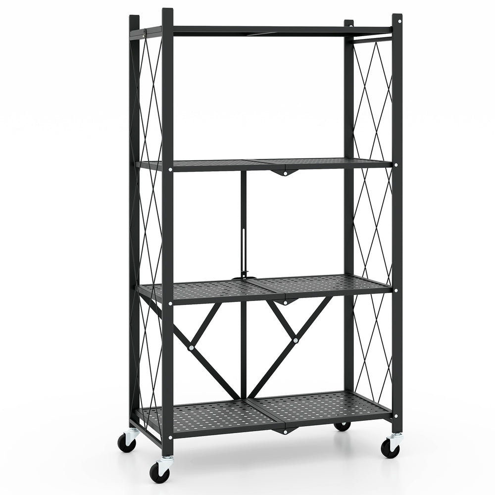 4-tier foldable storage shelf in black with lockable wheels, ideal for organizing books, plants, or tools.