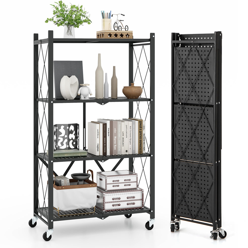 Close-up view of the 4-tier foldable storage shelf in black, featuring a sturdy metal frame and smooth rolling casters.