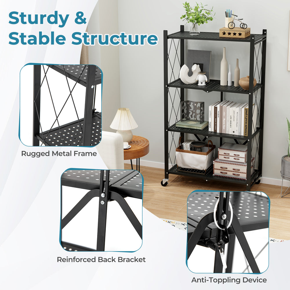 4-tier foldable storage shelf in black with lockable wheels, featuring a sturdy metal frame and reinforced back for.