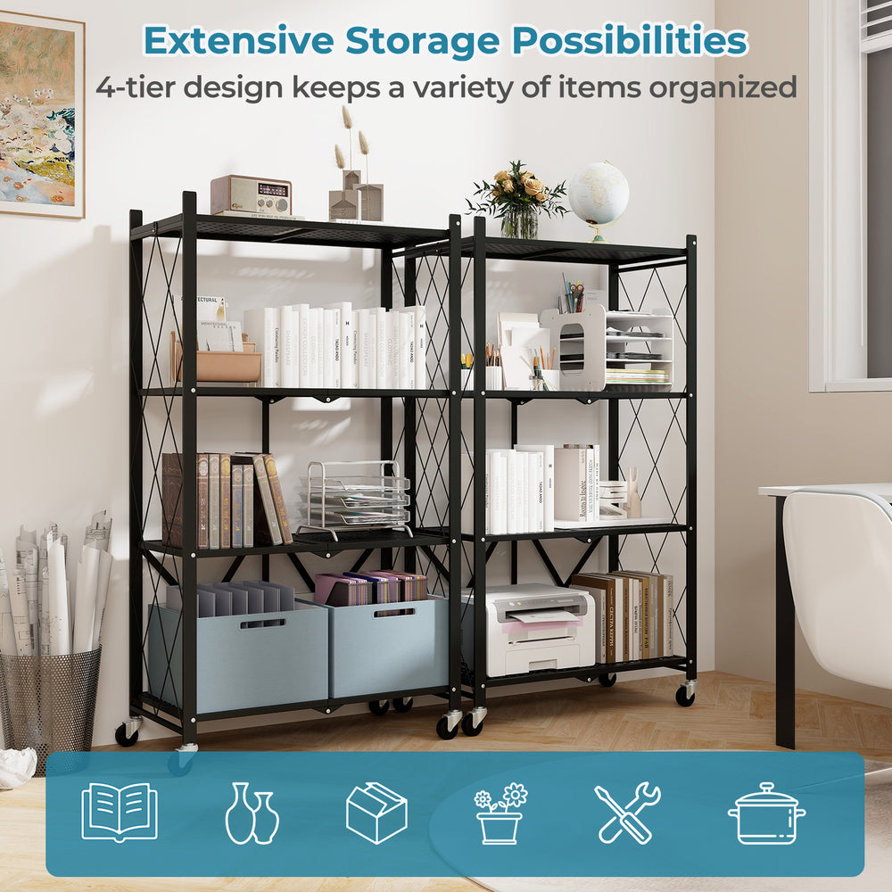 4-tier foldable storage shelf in black with lockable wheels, designed for versatile use as a plant stand or tool.