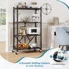 Side view of the 4-tier foldable storage shelf in black, featuring smooth rolling casters and a space-saving design for.