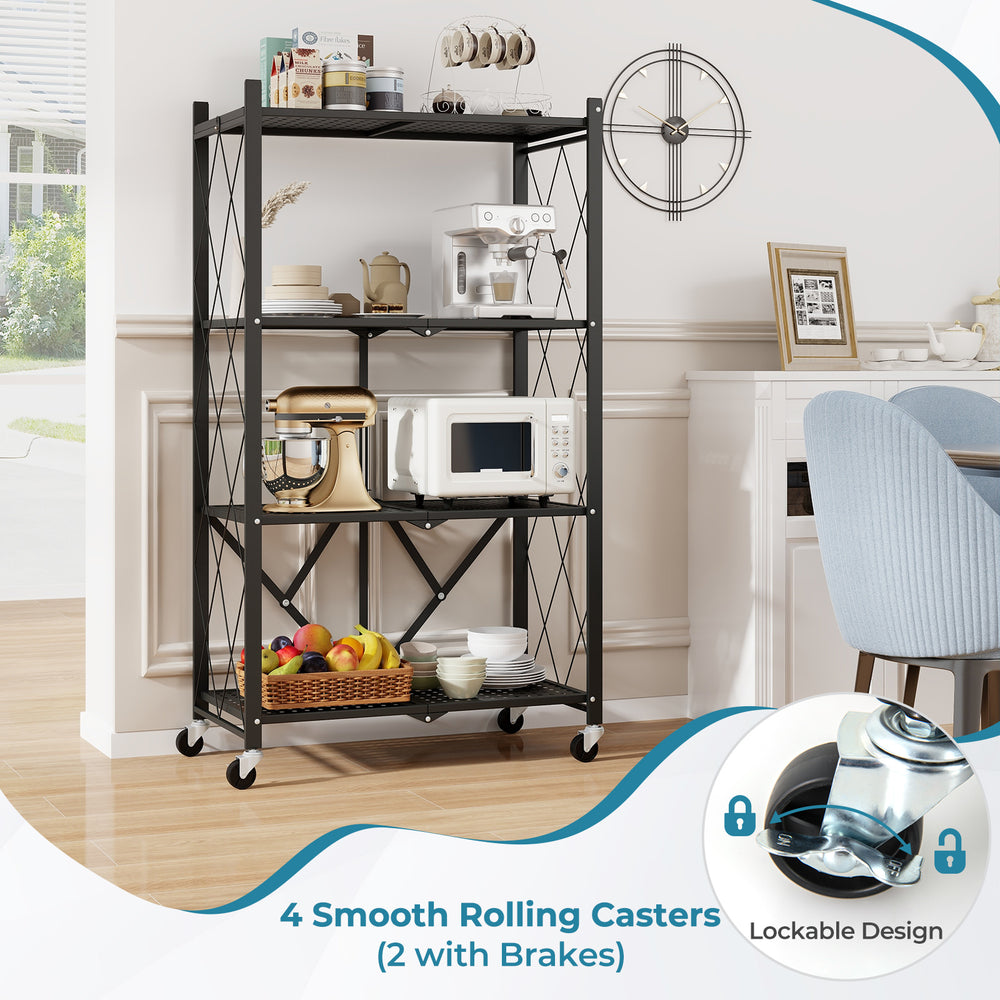 Side view of the 4-tier foldable storage shelf in black, featuring smooth rolling casters and a space-saving design for.