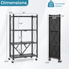 4-tier foldable storage shelf in black with lockable wheels, ideal for organizing items in any space.
