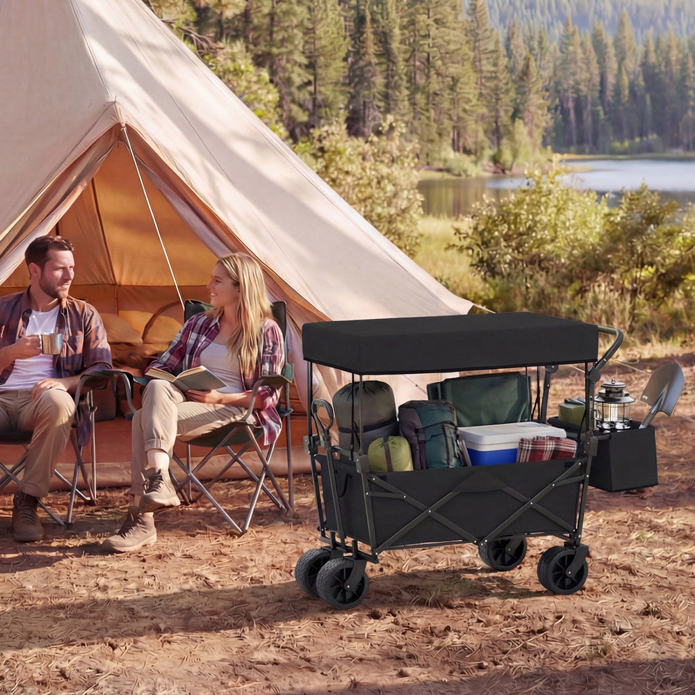 Collapsible wagon with removable canopy, spacious 80-liter capacity, ideal for camping and outdoor storage.