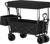 Collapsible wagon in black with removable canopy, 80-liter capacity, and detachable storage bag for outdoor use.