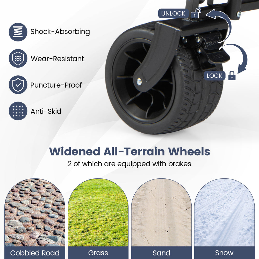 Widened all-terrain wheels of the collapsible wagon, featuring shock-absorbing and puncture-proof design for outdoor.
