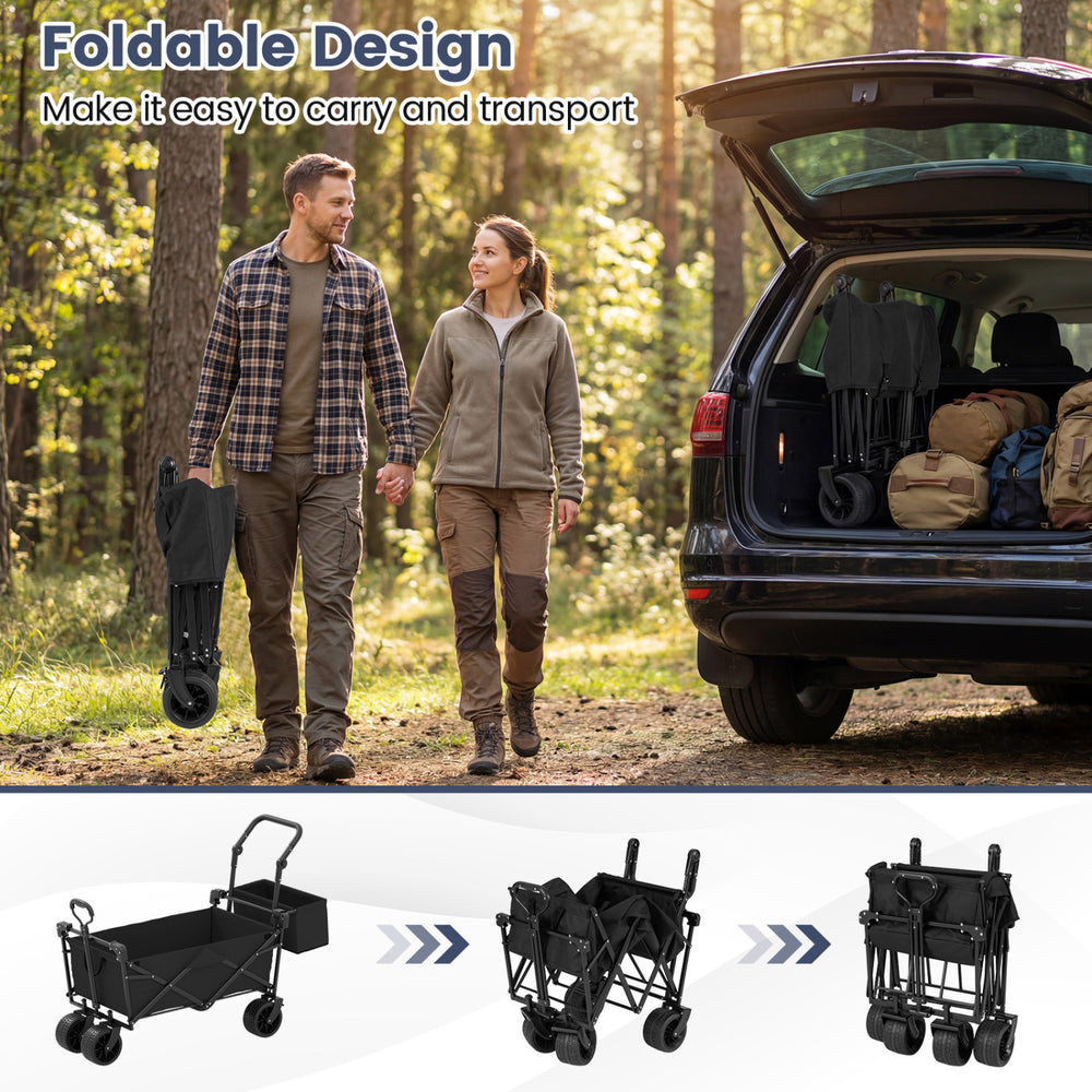 Collapsible wagon in black with removable canopy, 80-liter capacity, and foldable design for easy outdoor transport.