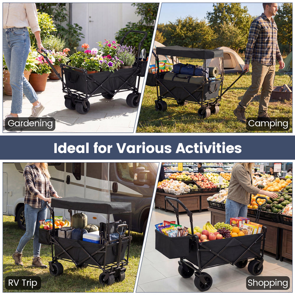 Collapsible wagon with removable canopy, spacious 80-liter capacity, ideal for gardening, camping, and shopping.