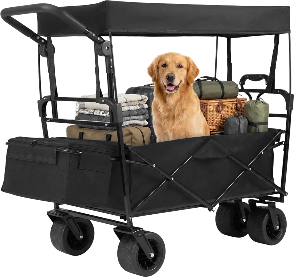 Collapsible wagon with removable canopy, spacious 100-liter capacity, and all-terrain wheels for outdoor adventures.