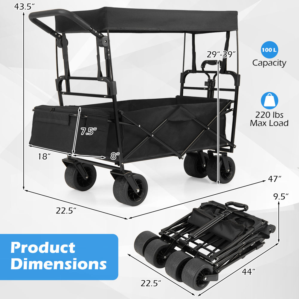 Collapsible wagon in black with removable canopy, 100L capacity, and all-terrain wheels for outdoor convenience.