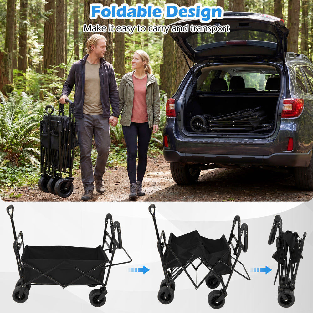 Collapsible wagon in black with removable canopy, adjustable handles, and all-terrain wheels for outdoor convenience.