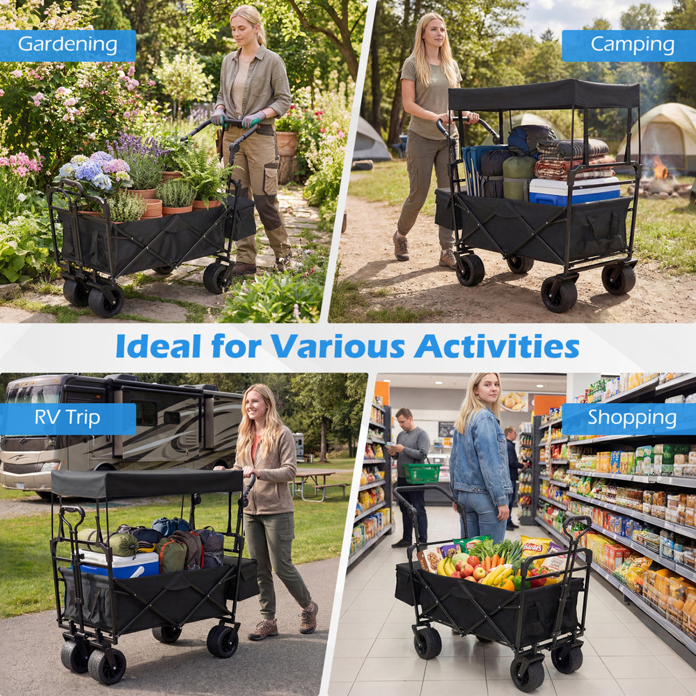 Collapsible wagon with removable canopy, adjustable handles, and all-terrain wheels, ideal for gardening and shopping.