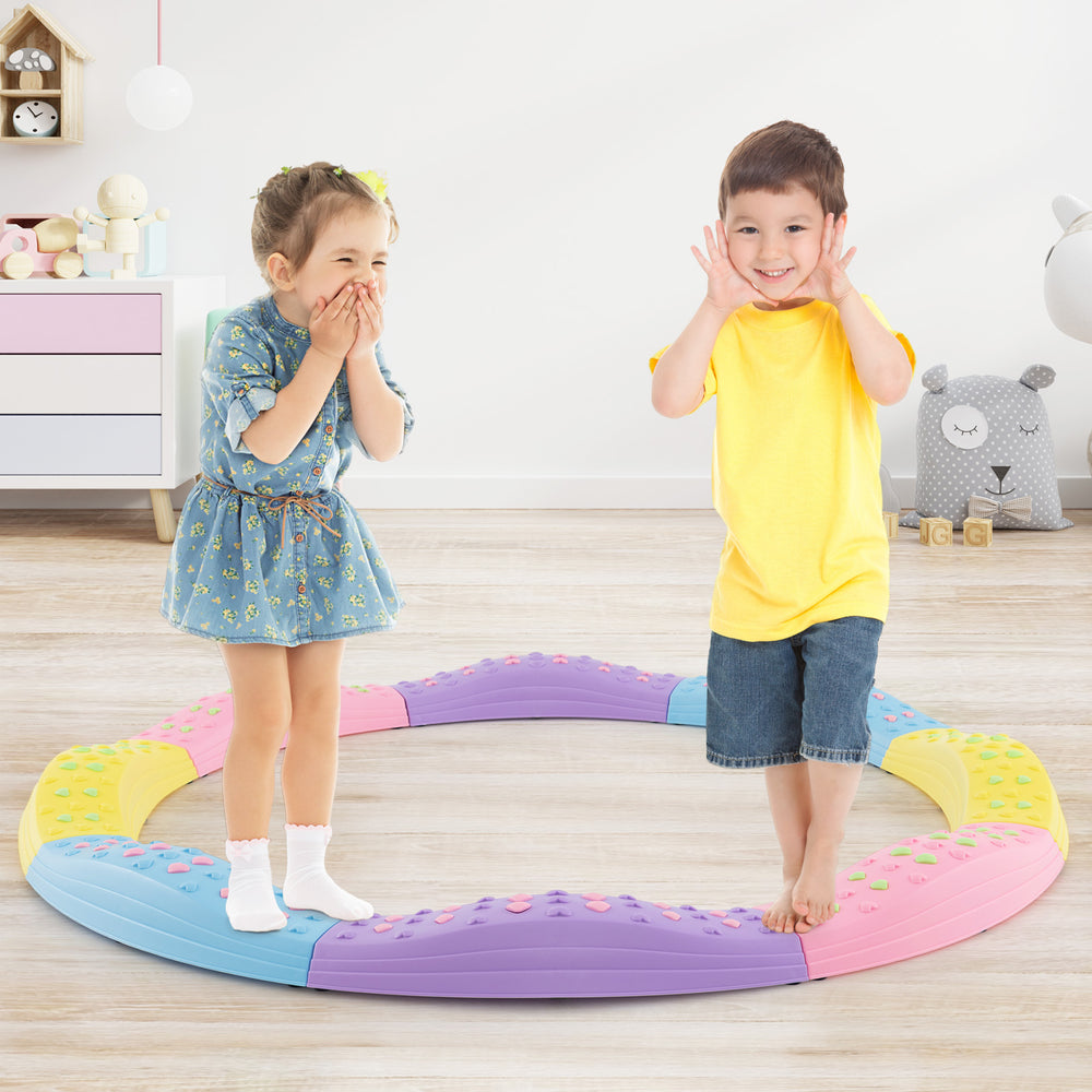 Colorful kids wavy balance beam with textured surface, featuring non-slip foot pads for safe play and creativity.