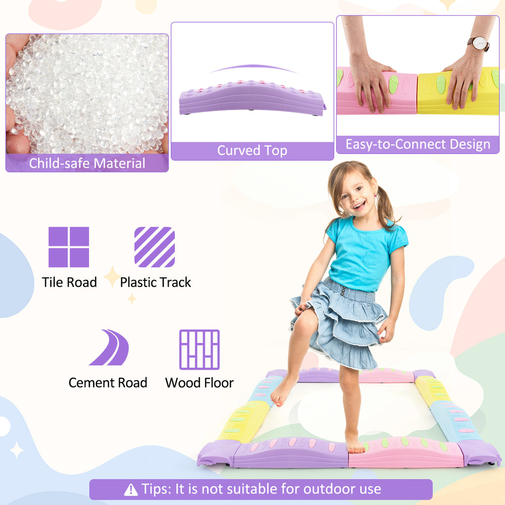 Colorful kids wavy balance beam in pink and purple, featuring textured surface and non-slip foot pads for safe play.
