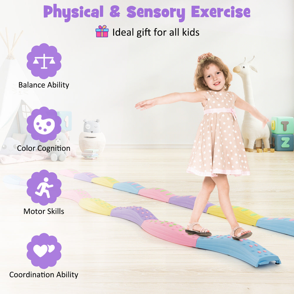 Colorful kids wavy balance beam with textured surface, ideal for developing balance and coordination skills indoors or.