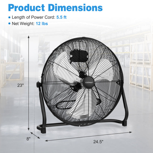 Heavy-duty metal floor fan with dimensions 23" height and 24.5" width, ideal for commercial use and ventilation.