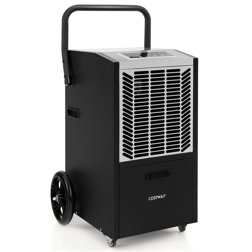 140 pints commercial dehumidifier with pump, featuring a touch control panel and wheels for easy mobility.