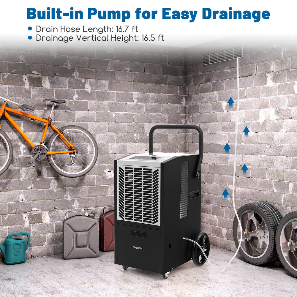 140 pints commercial dehumidifier with built-in pump and drain hose, designed for efficient crawl space.