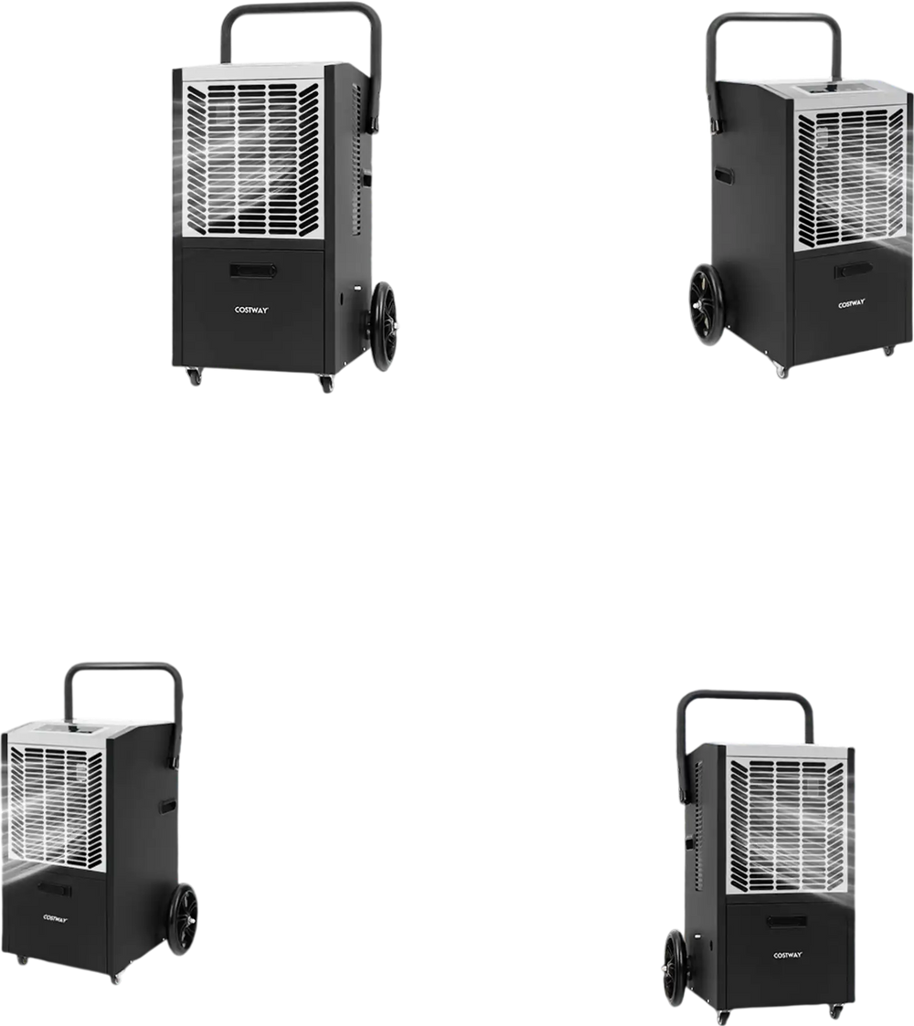 140 Pints commercial dehumidifier with pump, shown in various settings for efficient water damage restoration.