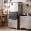 Freestanding commercial ice maker with stainless steel finish, producing 450 lbs of ice daily, ideal for busy kitchens.