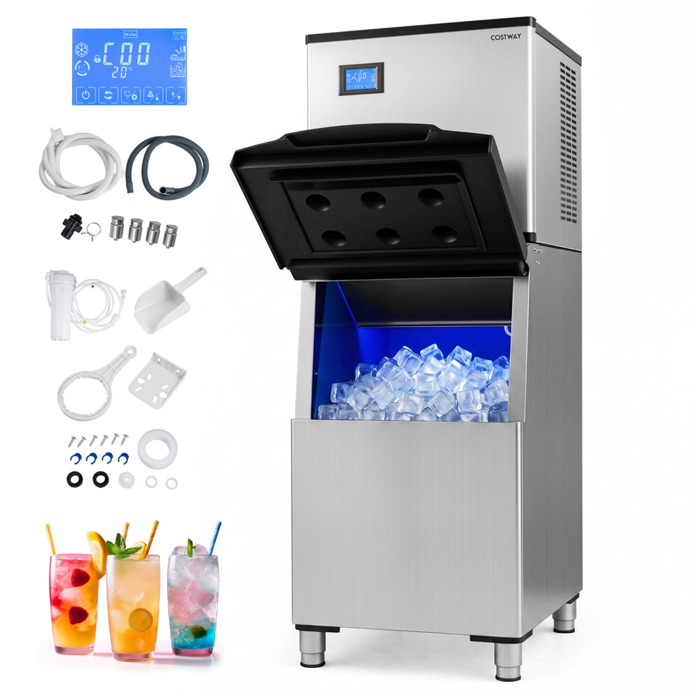 Freestanding commercial ice maker with LCD panel, producing 450 lbs of ice daily, ideal for busy operations.