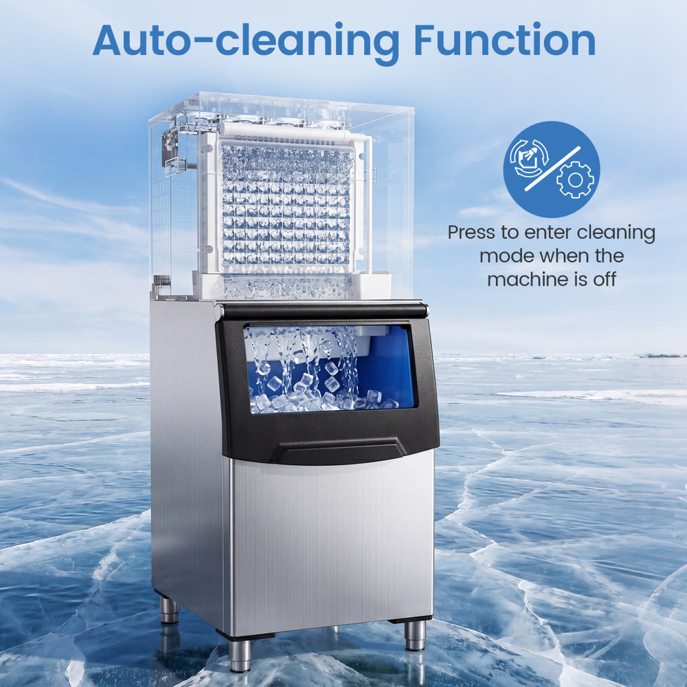 Freestanding commercial ice maker with auto-cleaning function, producing 450 lbs of ice daily for busy operations.