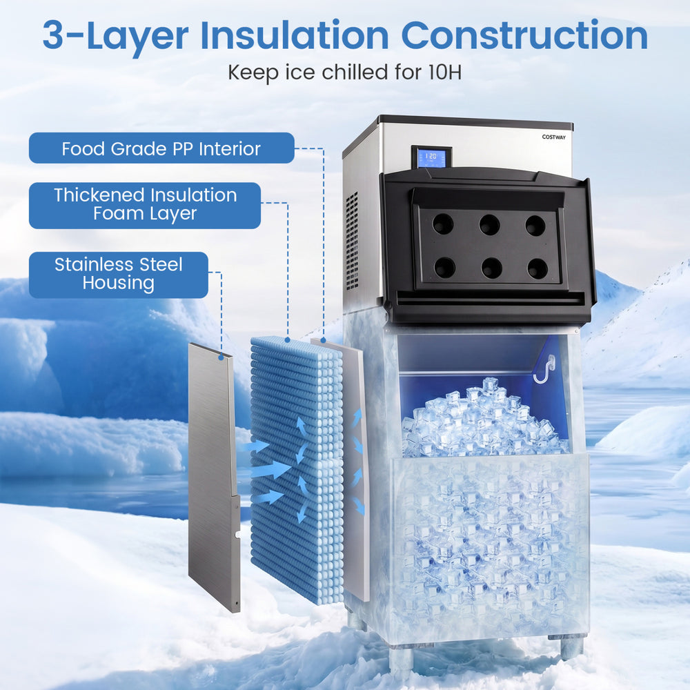 Freestanding commercial ice maker with 3-layer insulation, producing 450 lbs of ice daily, ideal for busy operations.