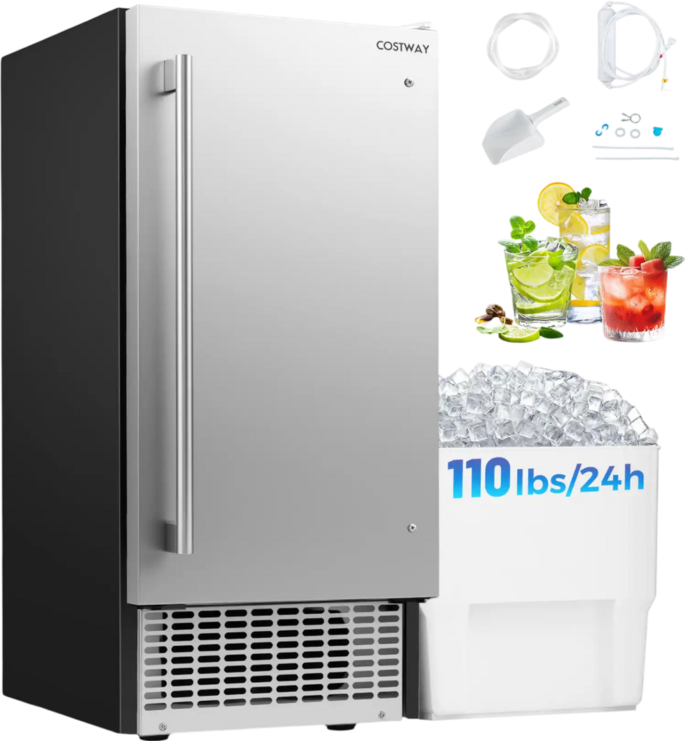 Commercial ice maker with stainless steel housing, 110 lbs/24H capacity, and 25 lbs storage, ideal for restaurants and.