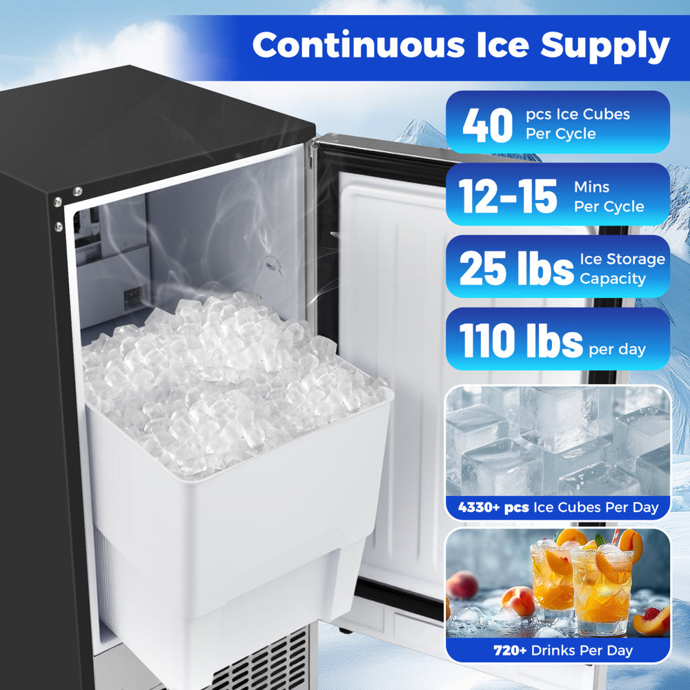 Commercial ice maker with 25 lbs storage, producing 110 lbs/day, featuring a user-friendly control panel for easy.