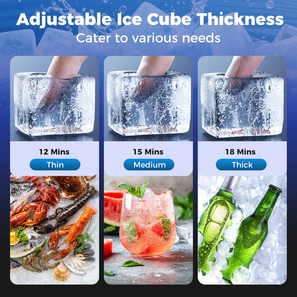 Adjustable ice cube thickness options shown for the Commercial Ice Maker, perfect for home, restaurant, or bar use.