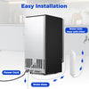 Back view of the Commercial Ice Maker showing water inlet hose, drain hose, and power cord for easy installation.