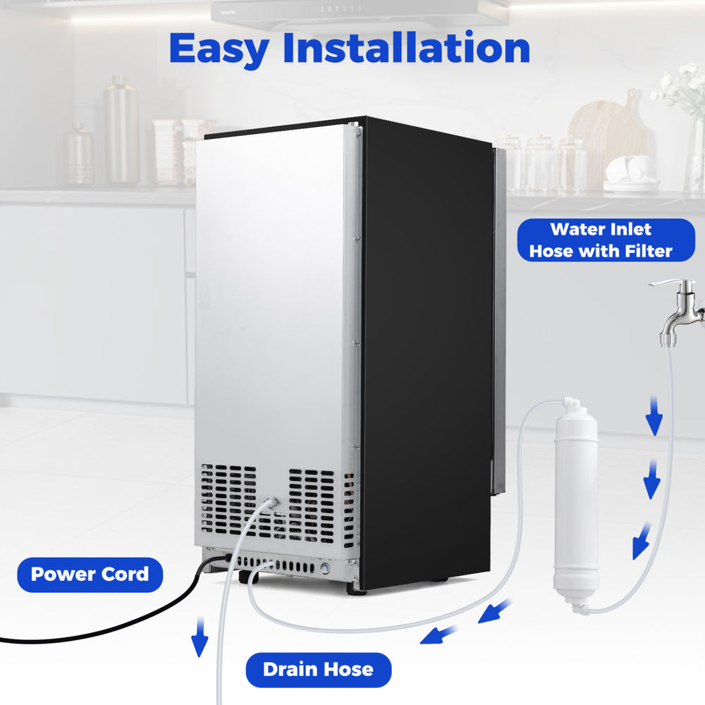 Back view of the Commercial Ice Maker showing water inlet hose, drain hose, and power cord for easy installation.