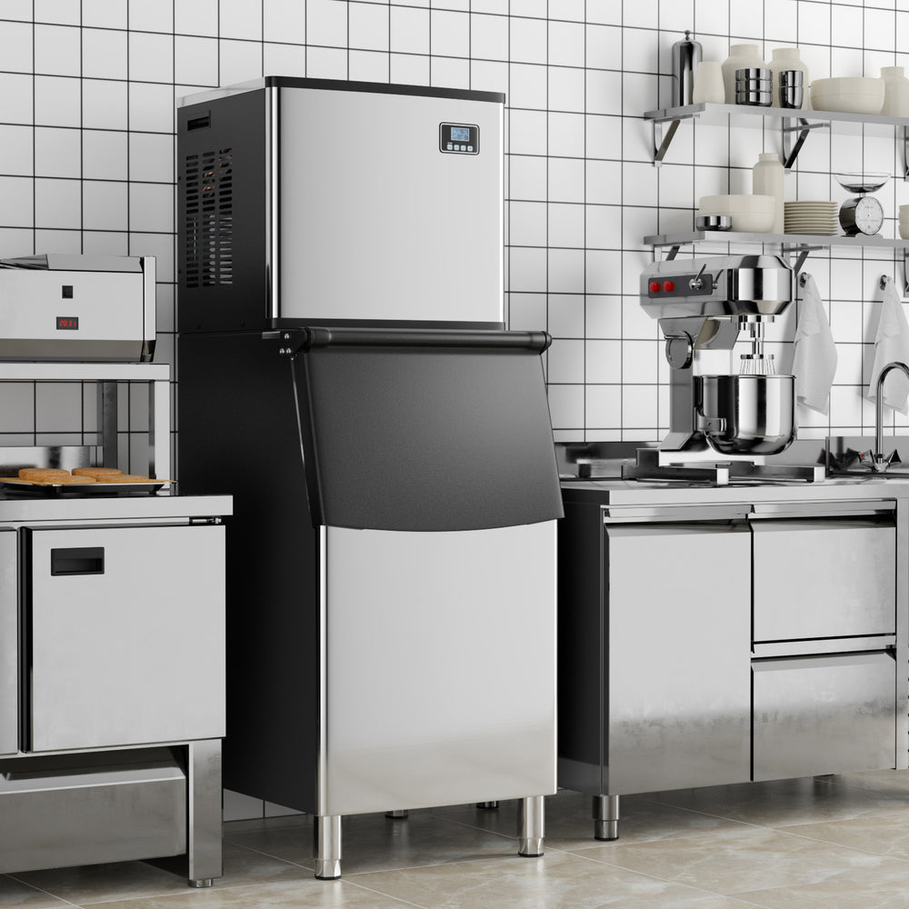 Commercial ice maker machine with 418 lbs/24H capacity and 200 lbs storage bin, ideal for busy kitchens.