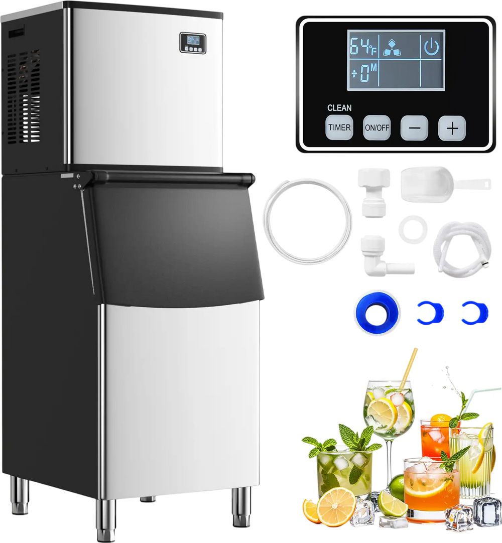 Commercial ice maker machine with 418 lbs/24H capacity, 200 lbs storage bin, and user-friendly control panel for.