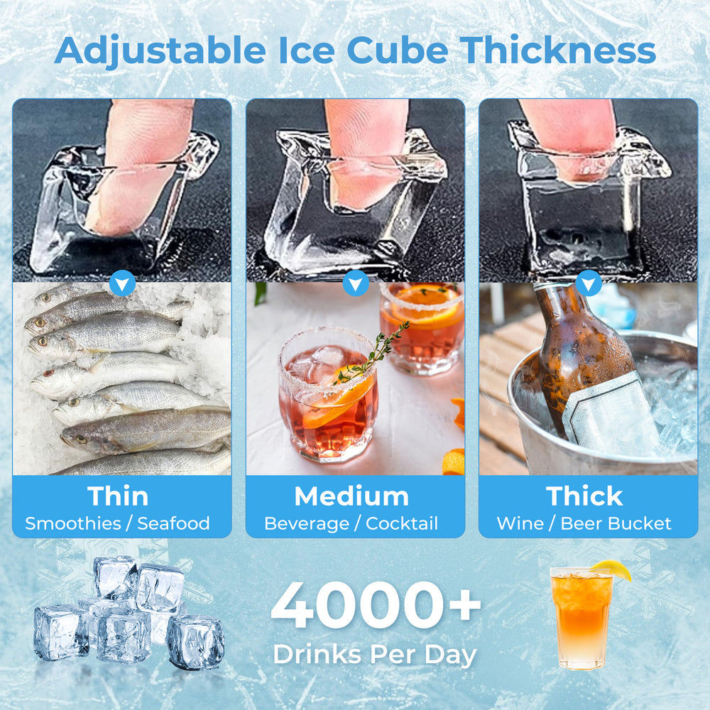 Adjustable ice cube thickness settings for the Commercial Ice Maker Machine, ideal for smoothies, cocktails, and more.