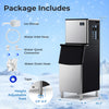 Commercial ice maker machine with 418 lbs/24H capacity, adjustable feet, and included ice shovel for easy serving.