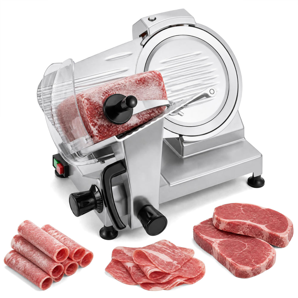 Commercial meat slicer with a 10" carbon steel blade, adjustable thickness, ideal for slicing meat, cheese, and vegetables.