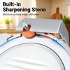 Close-up of the built-in sharpening stone on the commercial meat slicer for maintaining a sharp carbon steel blade.