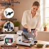 Commercial meat slicer with a 10" carbon steel blade and adjustable thickness for precise slicing of meat and cheese.