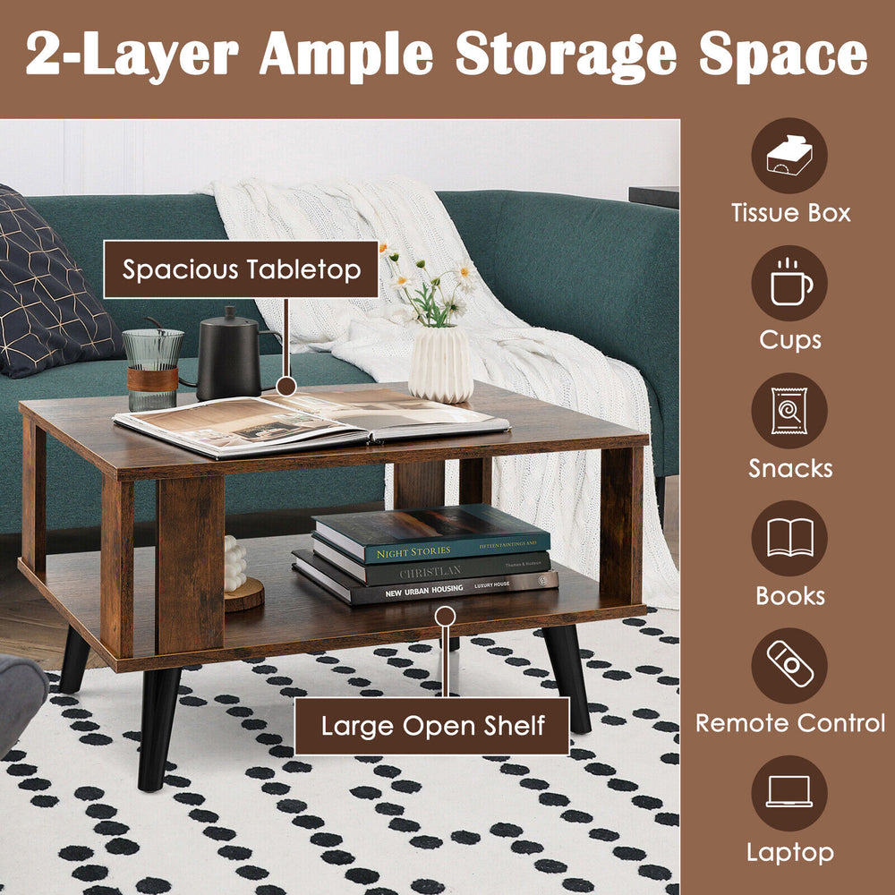 Compact retro mid-century coffee table in rustic brown with spacious tabletop and large open shelf for versatile.