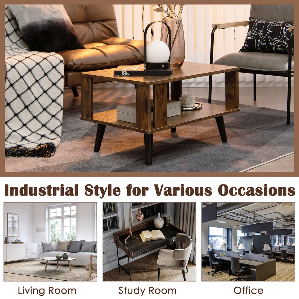 Compact retro mid-century coffee table in rustic brown with open shelf, perfect for living rooms and study areas.