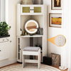 Compact dressing corner vanity desk in white with a 360° rotating mirror, lights, and cushioned stool for elegant.