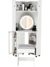 Compact corner vanity desk in white with a 360° rotating mirror, lights, and ample storage for beauty essentials.