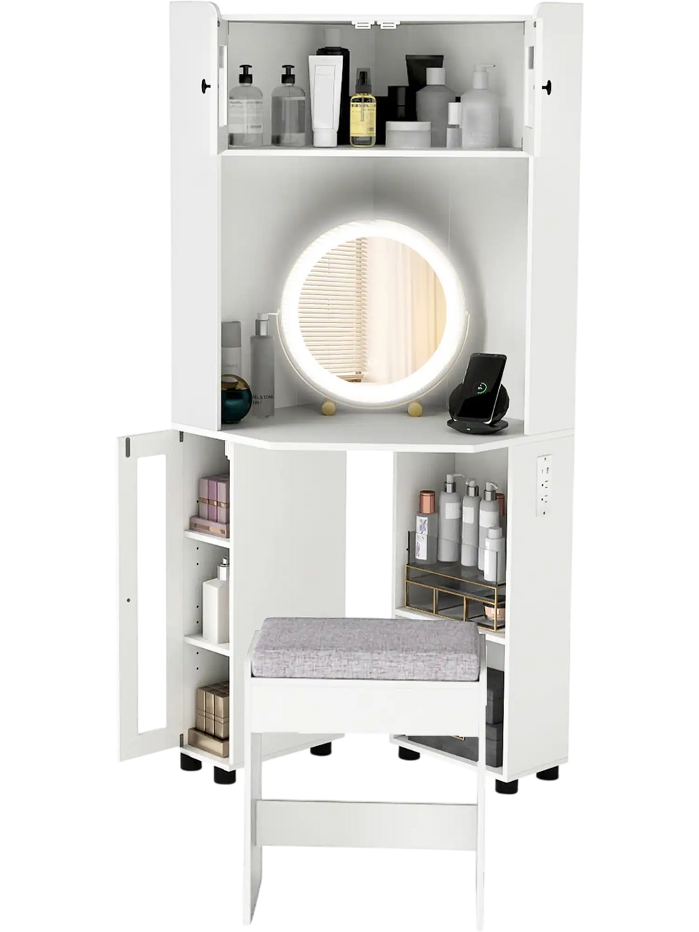 Compact corner vanity desk in white with a 360° rotating mirror, lights, and ample storage for beauty essentials.