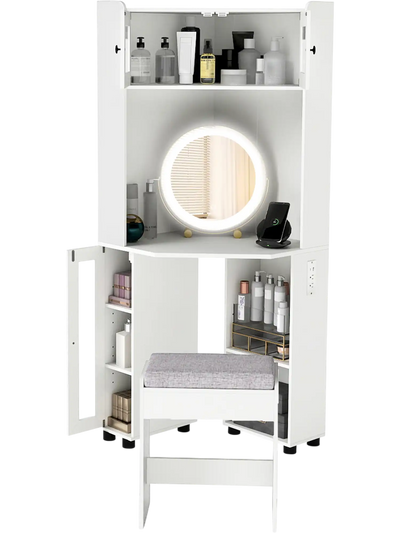 Costway Corner Vanity Desk with Mirror Lights 73359519 New