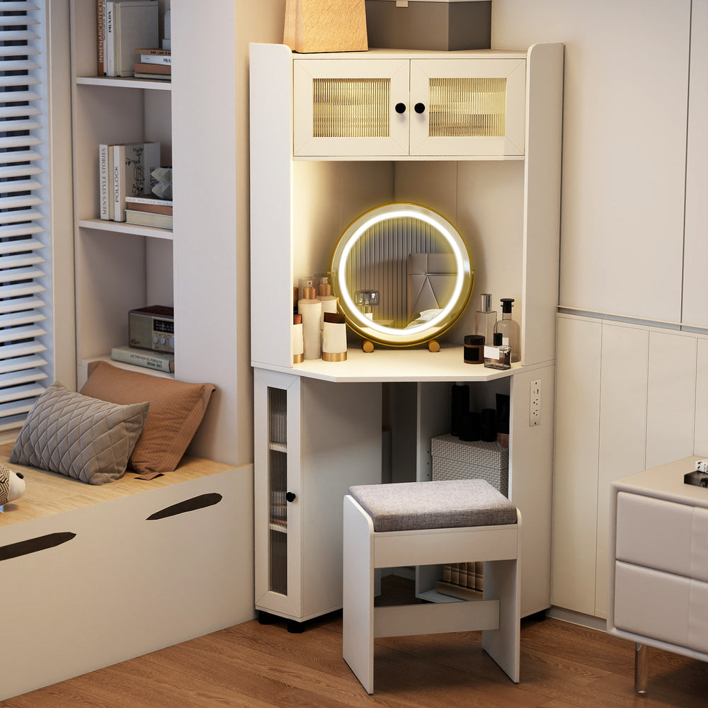 Compact dressing corner vanity desk in white with a 360° rotating mirror, lights, and ample storage for beauty.