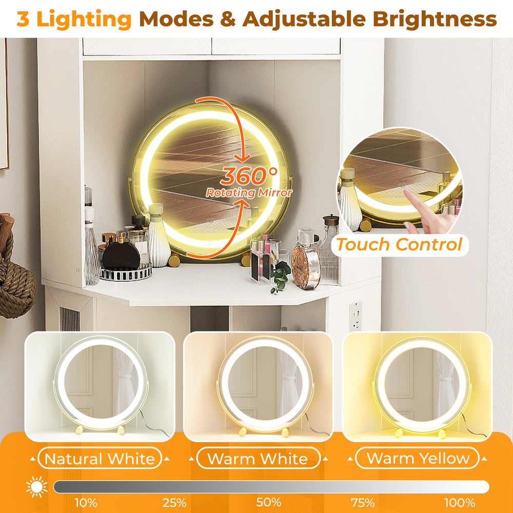 360° rotating mirror with 3 lighting modes and adjustable brightness on a compact dressing corner vanity desk in white.