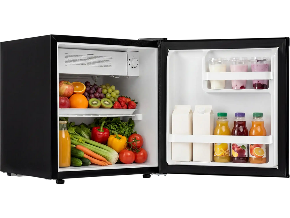 Compact mini fridge in black showcasing organized fruits, vegetables, and drinks with adjustable thermostat for optimal.